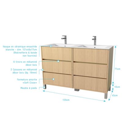 Pack Meuble Salle de Bains 120 cm Chêne Clair, 6 tiroirs avec Vasque Céramique - XENOS