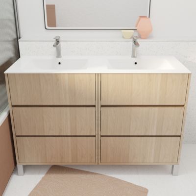 Pack Meuble Salle de Bains 120 cm Chêne Clair, 6 tiroirs avec Vasque Céramique - XENOS