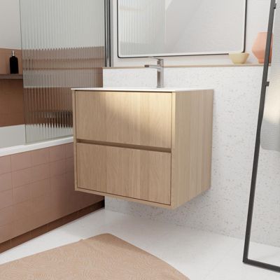 Pack Meuble Salle de Bains 60 cm Chêne Clair, 2 tiroirs avec Vasque Céramique - XENOS