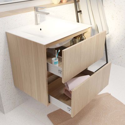 Pack Meuble Salle de Bains 60 cm Chêne Clair, 2 tiroirs avec Vasque Céramique - XENOS