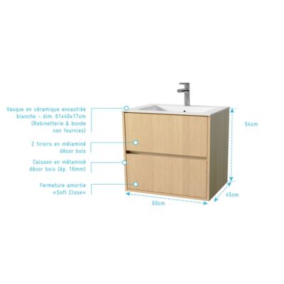 Pack Meuble Salle de Bains 60 cm Chêne Clair, 2 tiroirs avec Vasque Céramique - XENOS