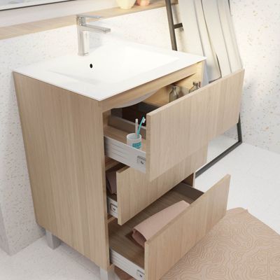 Pack Meuble Salle de Bains 60 cm Chêne Clair, 3 tiroirs avec Vasque Céramique - XENOS