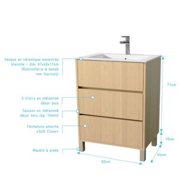 Pack Meuble Salle de Bains 60 cm Chêne Clair, 3 tiroirs avec Vasque Céramique - XENOS