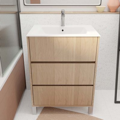 Pack Meuble Salle de Bains 60 cm Chêne Clair, 3 tiroirs avec Vasque Céramique - XENOS