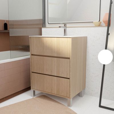 Pack Meuble Salle de Bains 60 cm Chêne Clair, 3 tiroirs avec Vasque Céramique - XENOS
