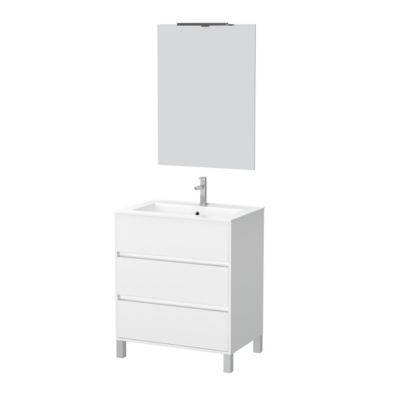 Pack Meuble Salle de Bains 60cm Blanc 3 Tiroirs, Vasque, Miroir 60x80 et réglette Led - XENOS