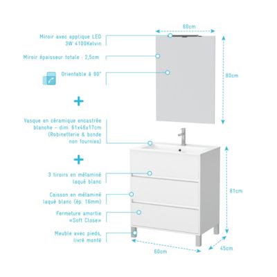 Pack Meuble Salle de Bains 60cm Blanc 3 Tiroirs, Vasque, Miroir 60x80 et réglette Led - XENOS