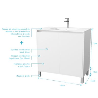 Pack Meuble Salle de Bains 80 cm Blanc, 2 portes avec Vasque Céramique - XENOS