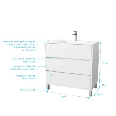 Pack Meuble Salle de Bains 80 cm Laqué Blanc, 3 tiroirs avec Vasque Céramique - XENOS