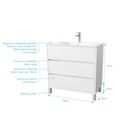 Pack Meuble Salle de Bains 80 cm Laqué Blanc, 3 tiroirs avec Vasque Céramique - XENOS