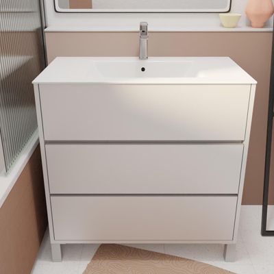 Pack Meuble Salle de Bains 80 cm Laqué Blanc, 3 tiroirs avec Vasque Céramique - XENOS