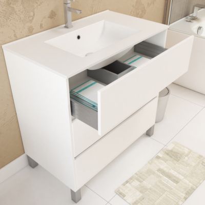 Pack Meuble Salle de Bains 80cm Blanc 3 Tiroirs, Vasque, Miroir 60x80 à Leds intégrées - XENOS