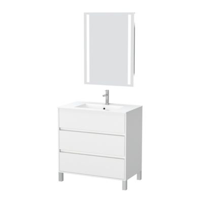 Pack Meuble Salle de Bains 80cm Blanc 3 Tiroirs, Vasque, Miroir 60x80 à Leds intégrées - XENOS