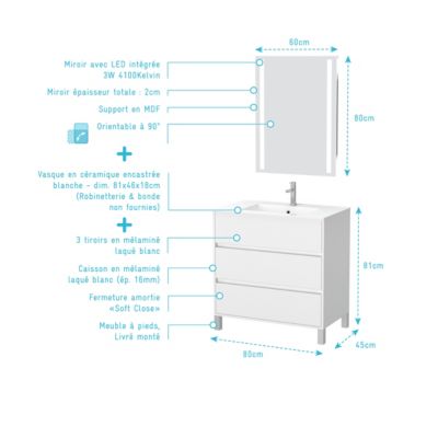 Pack Meuble Salle de Bains 80cm Blanc 3 Tiroirs, Vasque, Miroir 60x80 à Leds intégrées - XENOS