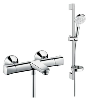 Pack mitigeur baignoire thermostatique HANSGROHE Ecostat Universal chromé + Ensemble de douche Crometta 2 jets blanc/chromé