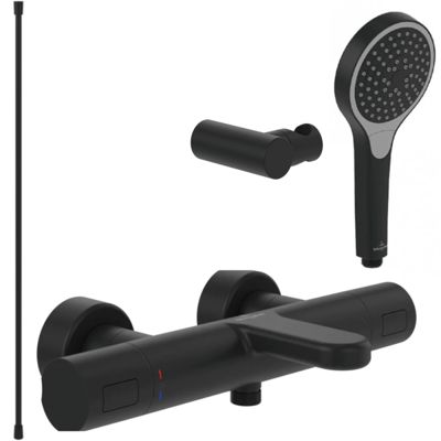 Pack mitigeur baignoire thermostatique VILLEROY ET BOCH Universal Taps & Fittings rond Noir mat avec ensemble