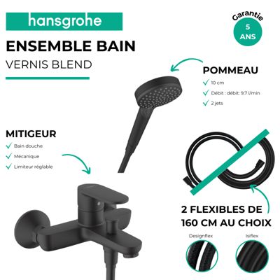Pack mitigeur bain douche HANSGROHE Vernis Blend + Flexible Isiflex + Pommeau HANSGROHE Vernis Blend 100 Vario noir mat