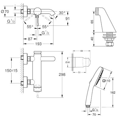 Pack mitigeur bain douche mécanique GROHE Essence + douchette carré  2 jets + flexible + support