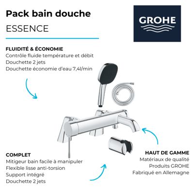 Pack mitigeur bain douche mécanique GROHE Essence + douchette carré  2 jets + flexible