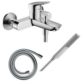 Pack mitigeur bain douche mécanique HANSGROHE Logis + Flexible Isiflex + Pommeau HANSGROHE Pulsify E 100 EcoSmart chromé