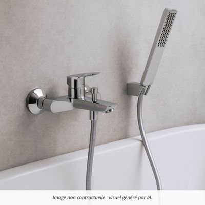 Pack mitigeur bain douche mécanique HANSGROHE Logis + Flexible Metaflex + Pommeau HANSGROHE Pulsify E 100 EcoSmart chromé
