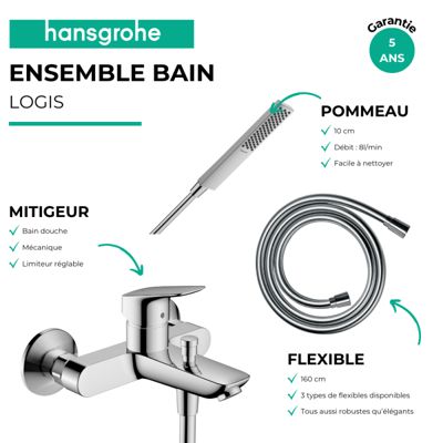 Pack mitigeur bain douche mécanique HANSGROHE Logis + Flexible Metaflex + Pommeau HANSGROHE Pulsify E 100 EcoSmart chromé