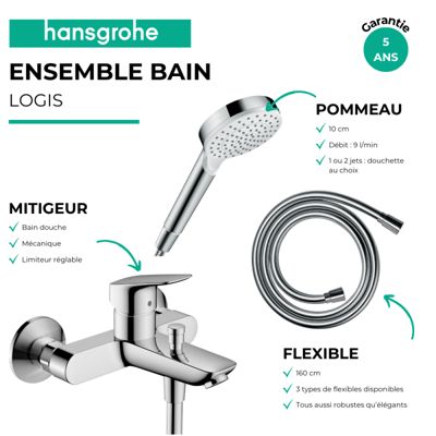 Pack mitigeur bain douche mécanique HANSGROHE Logis + Flexible Metaflex + Pommeau Vernis Blend 100 EcoSmart 1jet chromé