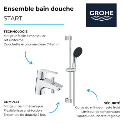 Pack mitigeur bain douche monotrou GROHE Start 2021 Quickfix + Ensemble de douche 2 jets GROHE Vitalio Start 110 chromé