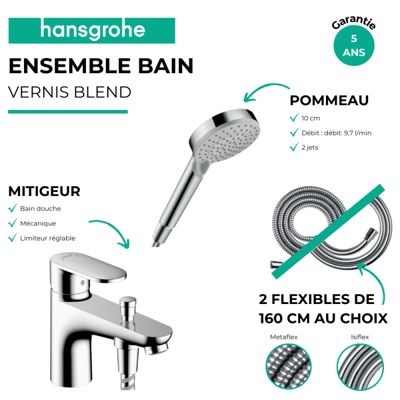 Pack mitigeur bain douche monotrou HANSGROHE Vernis Blend + Flexible Isiflex + Pommeau HANSGROHE Vernis Blend 100 Vario chromé