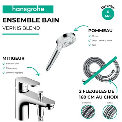 Pack mitigeur bain douche monotrou HANSGROHE Vernis Blend + Flexible Metaflex + Pommeau HANSGROHE Crometta blanc/chromé