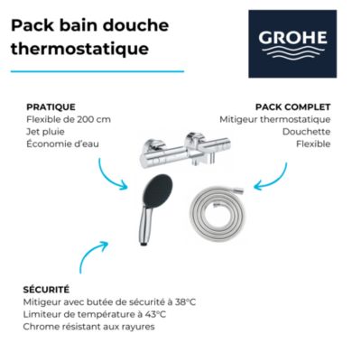 Pack mitigeur bain douche thermostatique GROHE Precision Get +  Douchette GROHE Vitalio Start 100 + Flexible 2000