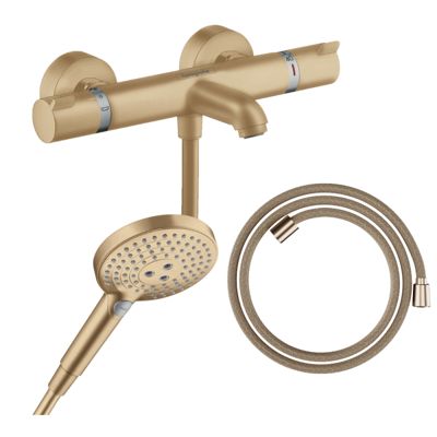 Pack mitigeur bain douche thermostatique HANSGROHE Ecostat Comfort + Flexible Designflex + Pommeau Raindance Select 3jets bronze