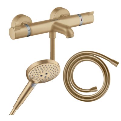 Pack mitigeur bain douche thermostatique HANSGROHE Ecostat Comfort + Flexible Isiflex + Pommeau Raindance Select 3jets bronze