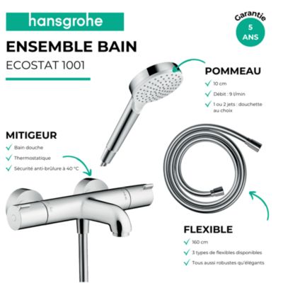 Pack mitigeur bain thermostatique HANSGROHE Ecostat 1001CL + Flexible Isiflex + Pommeau Vernis Blend 100 EcoSmart 1jet chromé