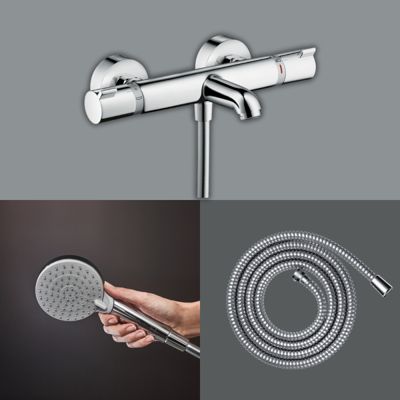 Pack mitigeur bain thermostatique HANSGROHE Ecostat Comfort + Flexible Metaflex 1,6m + Pommeau Vernis Blend EcoSmart 2 jets chromé