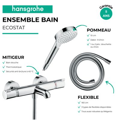 Pack mitigeur bain thermostatique HANSGROHE Ecostat Comfort + Flexible Metaflex 1,6m + Pommeau Vernis Blend EcoSmart 2 jets chromé