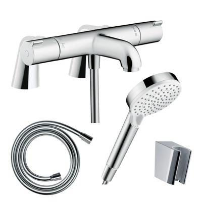 Pack mitigeur bain thermostatique HANSGROHE Ecostat + Pommeau Crometta EcoSmart + Flexible Isiflex + Support et colonnettes Chromé