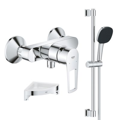 Pack mitigeur douche mécanique GROHE StartLoop + Ensemble de douche 2 jets avec barre + Tablette de douche d'angle