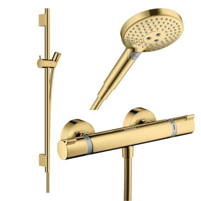 Pack mitigeur douche thermostatique HANSGROHE Ecostat Comfort + Barre Unica + flexible + Pommeau Raindance 3 jets aspect doré poli