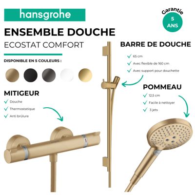 Pack mitigeur douche thermostatique HANSGROHE Ecostat Comfort + Barre Unica + flexible + Pommeau Raindance 3 jets aspect doré poli