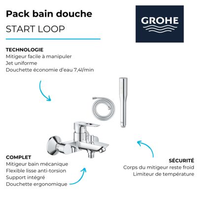 Pack mitigeur mécanique bain douche GROHE Start Loop + Douchette 1 jet Vitalio Get Stick et flexible