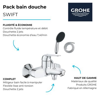 Pack mitigeur mécanique bain douche GROHE Swift + Douchette 2 jets Vitalio Start 110 + Flexible