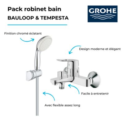 Pack mitigeur mécanique bain GROHE Bauloop et ensemble de douche GROHE Tempesta