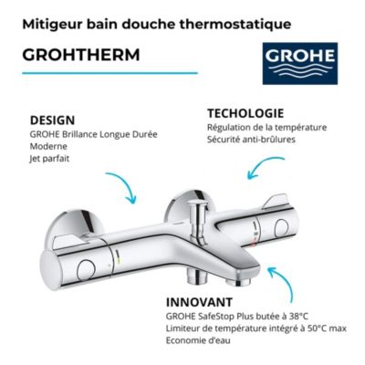 PACK Mitigeur thermostatique bain douche + pommeau de douche + Barre de douche + flexible GROHE Grotherm 800 et Tempesta