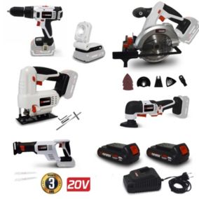 Pack Outillage X-Performer BATTERIES 2Ah - Perceuse Visseuse Scie Sauteuse - Circulaire - Sabre - Multifonctions - Lampe