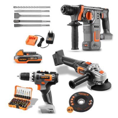 Pack outils 20V sans fil - FUXTEC - meuleuse d'angle, visseuse et marteau perforateur, avec batteries et accessoires