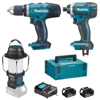 Pack outils électroportatifs (perceuse-visseuse, visseuse à chocs) et radio avec lanterne Makita - 18V 2x3Ah
