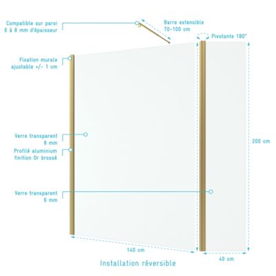 Pack Paroi de Douche et Volet Pivotant 140+40x200 cm - Profilé + Barre de Fixation Or Doré Brossé