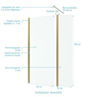 Pack Paroi de Douche et Volet Pivotant 80+40x200 cm - Profilé + Barre de Fixation Or Doré Brossé