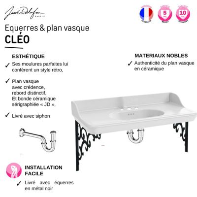 Pack plan vasque suspendu 3 trous JACOB DELAFON Cléo 1889 + mélangeur croisillon chromé + siphon chromé